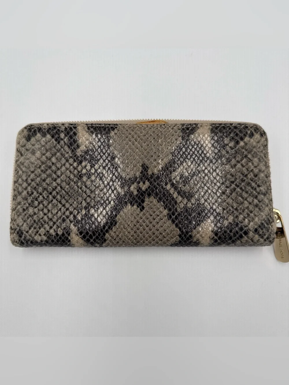 Michael Kors Taupe and Black Exotic Snake Skin Zip Wallet with Gold Plaque